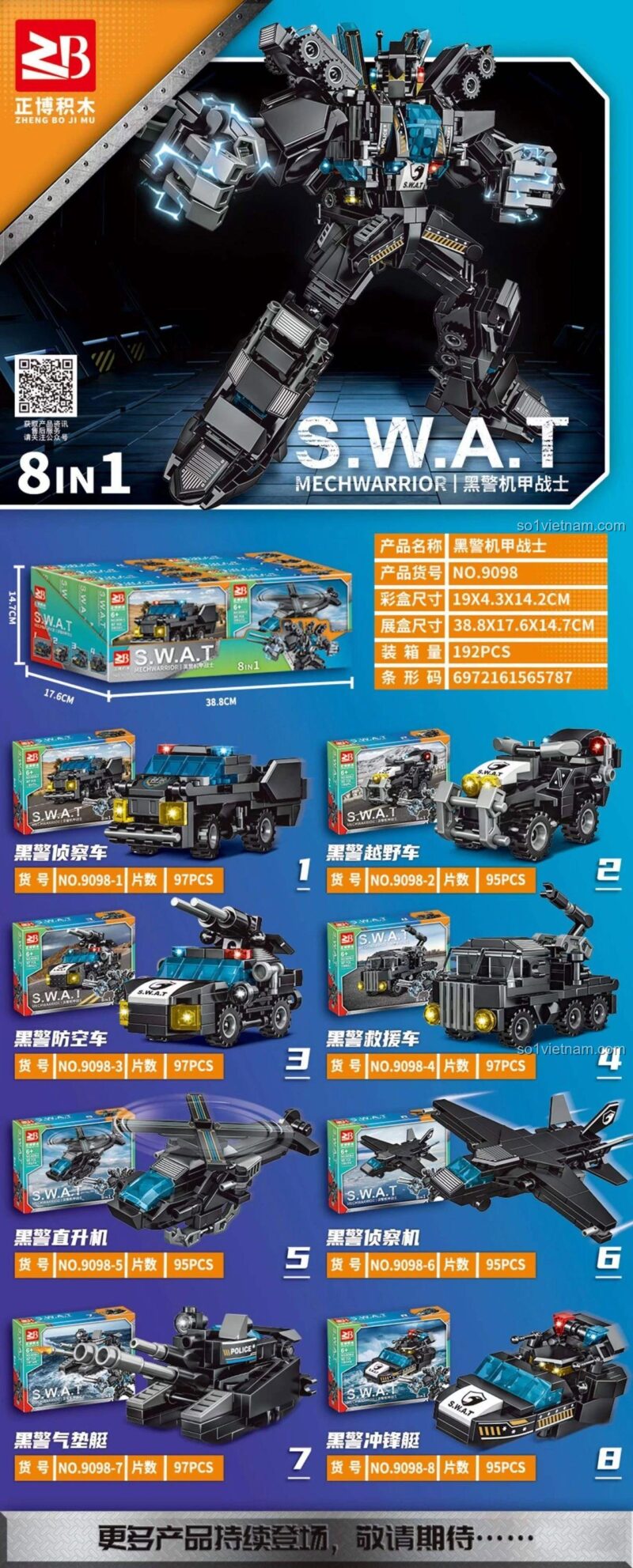 Mô hình Robot Cảnh Sát Đặc Nhiệm Zhengbo 9098, đồ chơi mô hình Robot SWAT 8-in-1 với 768 mảnh ghép, phát triển tư duy cho bé trai 6 tuổi