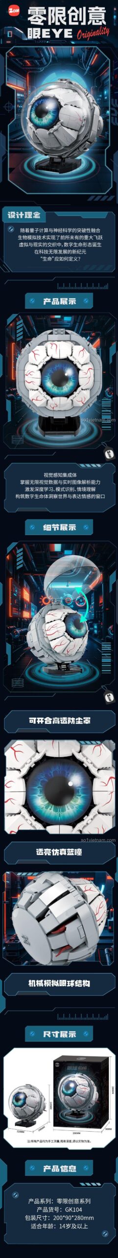 Mô hình mắt nhãn cầu sáng tạo Zoin GK104 nhìn từ phía sau, bộ lắp ghép Cyberpunk, đồ chơi mô hình mắt người độc đáo, chi tiết tinh xảo, màu trắng xanh xám, độ tuổi 14+
