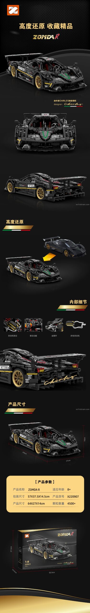 Chi tiết hộp sản phẩm bộ lắp ghép Pagani Zonda R tỉ lệ 1:8 ZOMDAR X220907