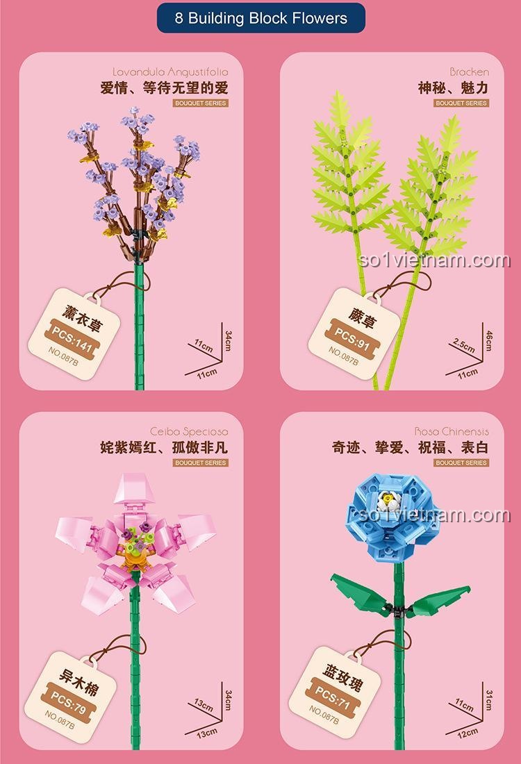 Chi tiết Hoa giả Zuanma 087B, mô hình Hoa Oải Hương và Hoa Mộc Miên, đồ chơi xếp hình cho bé gái 6 tuổi, chất lượng cao