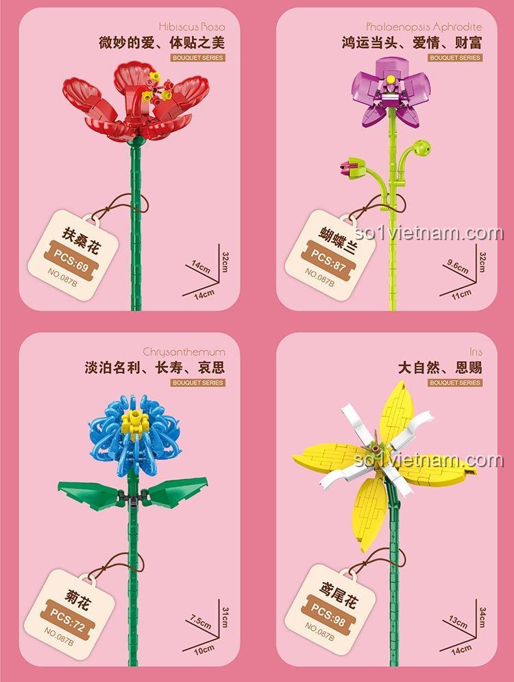 Chi tiết Hoa trang trí Zuanma 087B, mô hình Hoa Phù Dung, Hoa Lan Hồ Điệp, Hoa Cúc, Hoa Diên Vĩ, đồ chơi cho bé gái 6 tuổi, giá bình dân