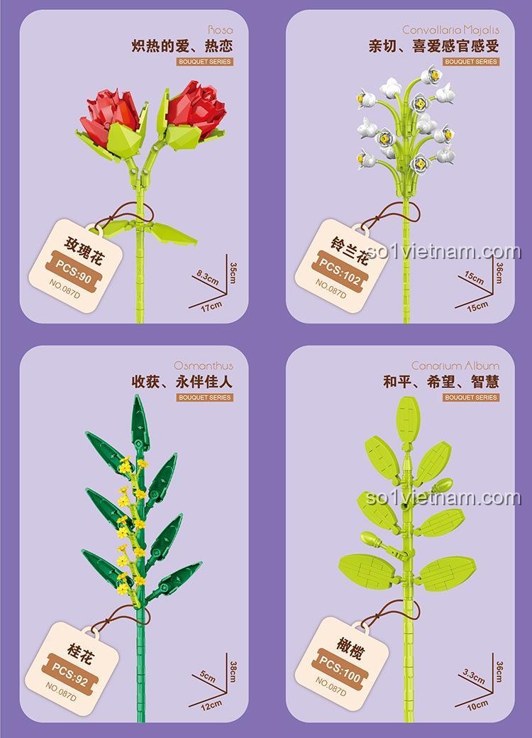Chi tiết hoa Cẩm Tú Cầu và hoa Hồng trong đồ chơi xếp hình Zuanma 087D Bó Hoa Xếp Hình