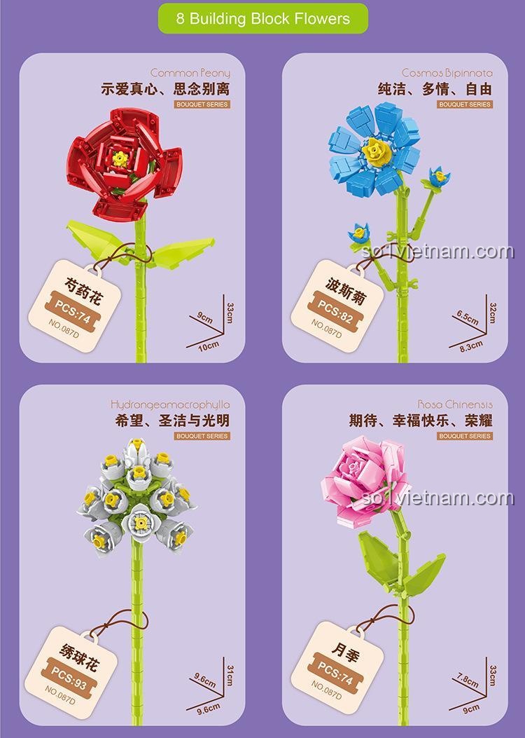 Chi tiết hoa Mẫu Đơn và hoa Cosmos trong bộ lắp ghép Zuanma 087D Bó Hoa Xếp Hình