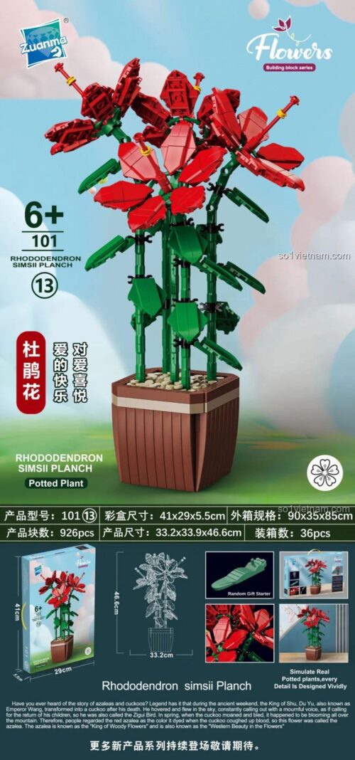 Mô hình Chậu hoa Đỗ Quyên Zuanma 101-13 sau khi lắp ráp, với 926 mảnh ghép tinh xảo, cao 46.6cm, phù hợp cho bé gái 6 tuổi