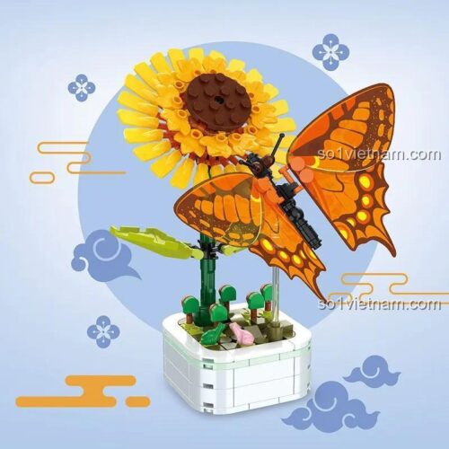 Bộ lắp ráp Zuanma 103-F3 Bướm Phượng Vàng Chậu Hoa Hướng Dương 219 mảnh, đồ chơi giáo dục cho bé